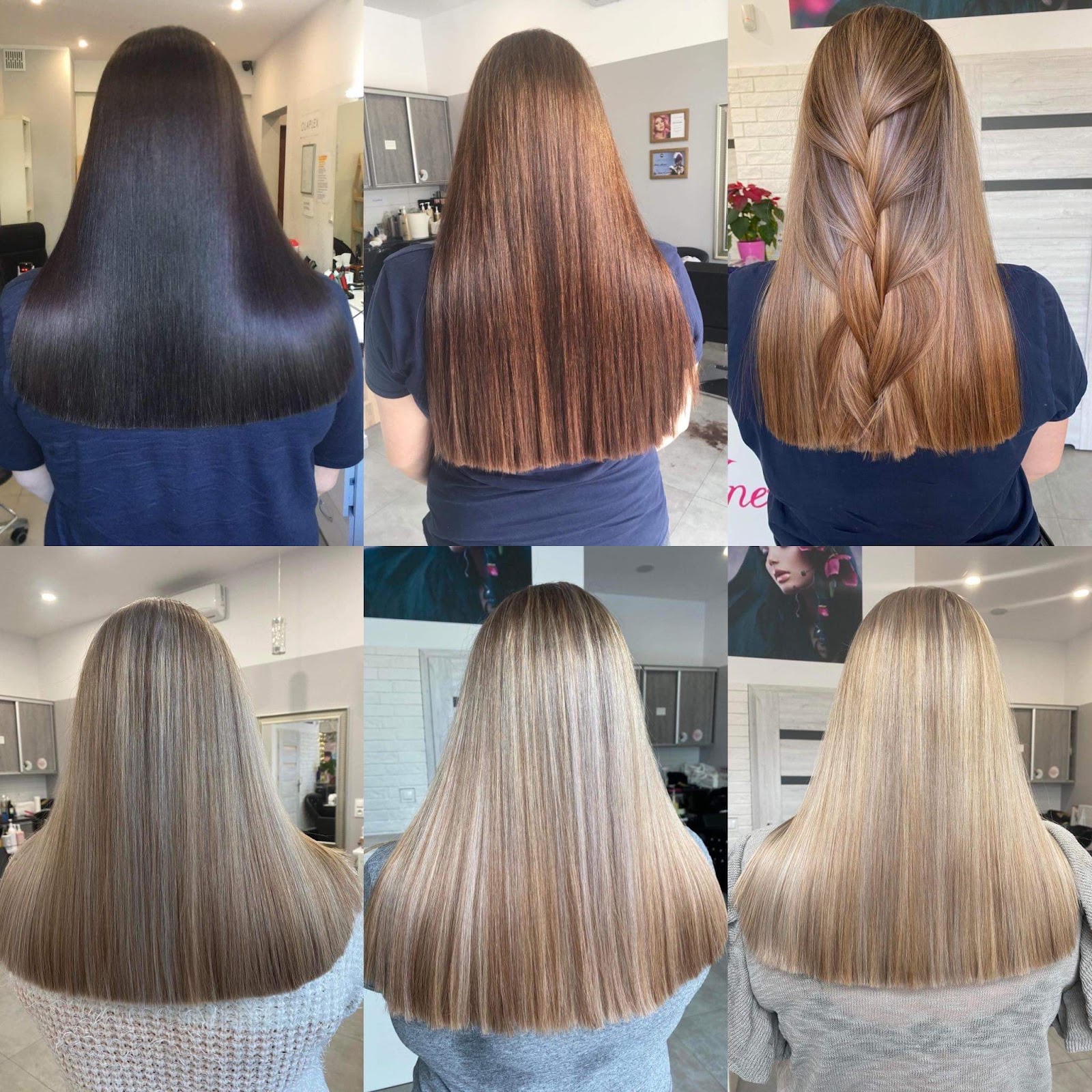 Sześć realizacji koloryzacji od głębokiej czerni przez rudości po blond